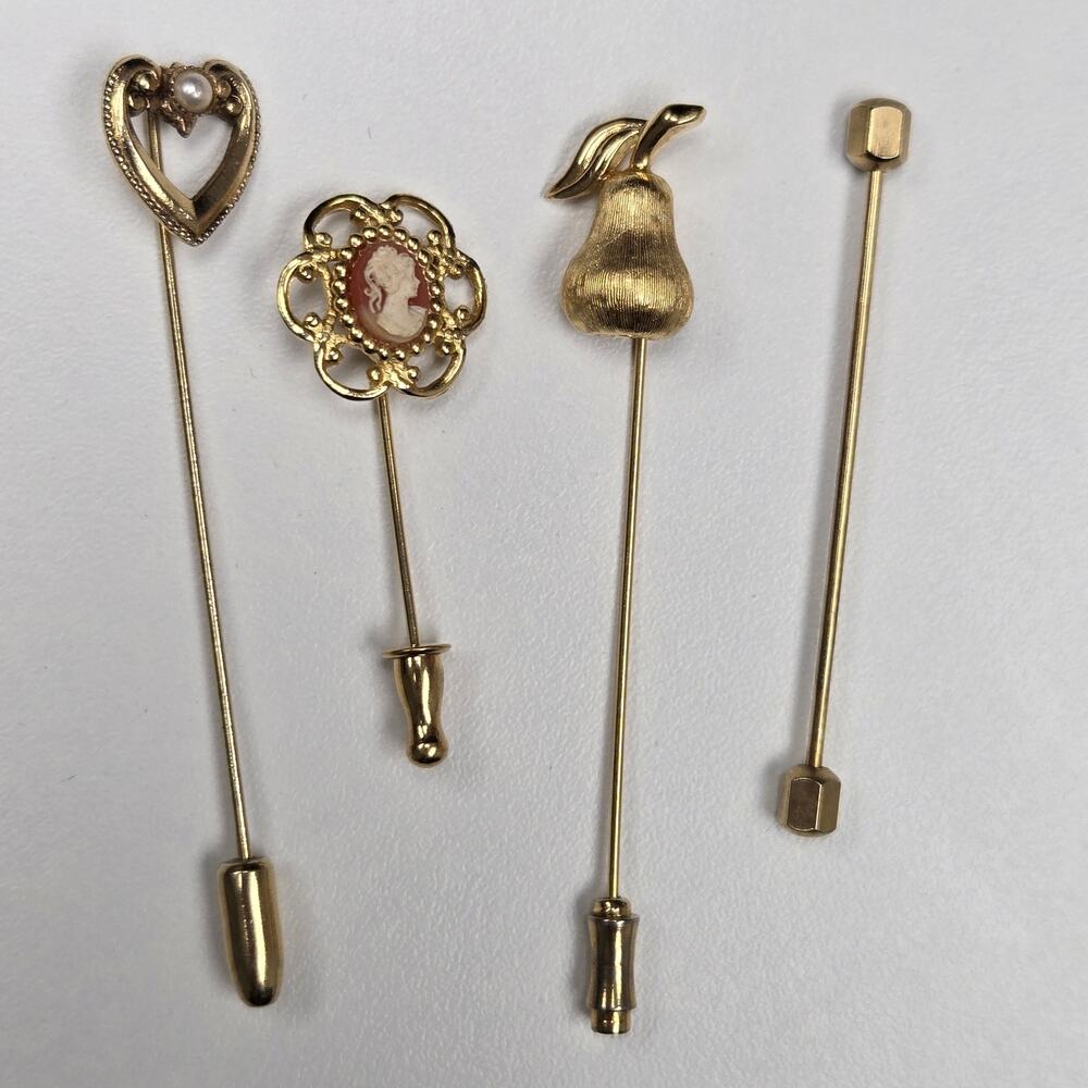 Vintage Gold Tone Stick Pin Lot of 4 Cameo Heart Faux Pearl Pear Novelty